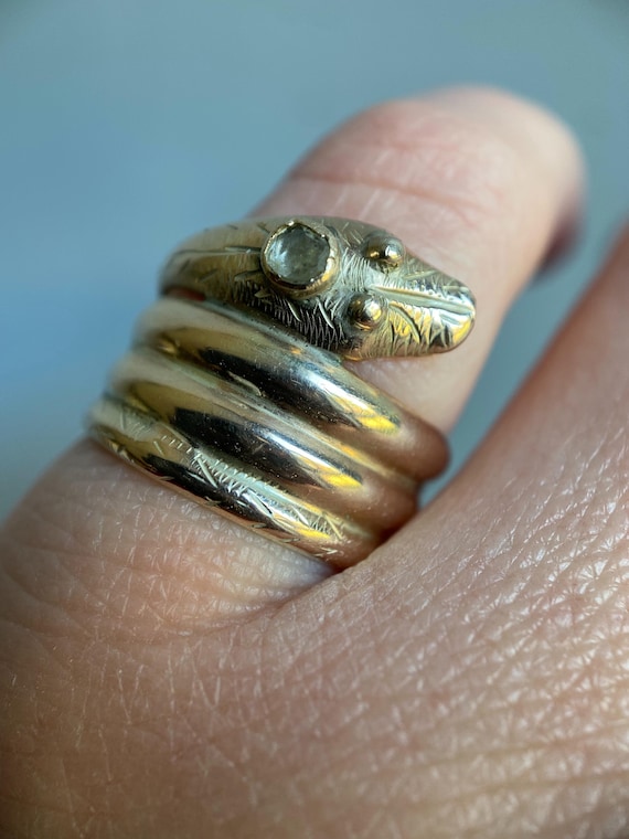 Antique Victorian Wide Quadruple Coiled Diamond Snake Ring in 18k Gold c. 1860, Serpent, 1800's, Love Token, Sentimental
