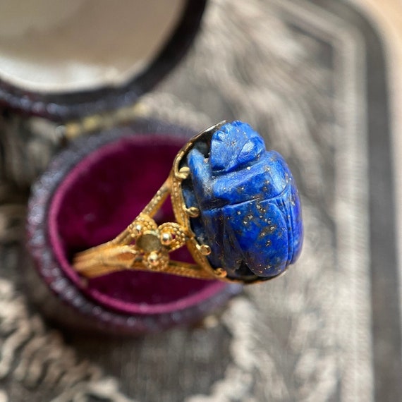 Antique Victorian Egyptian Revival Lapis Lazuli Scarab Ring in 18k Gold C. 1870 Etruscan Archeological 1800 s Granulation High Karat Etsy