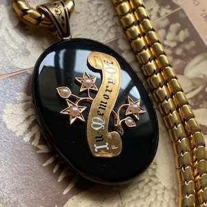 Antique Victorian Oversized Carved Onyx &quot;In Memory Of&quot; Locket Pendant with a Pearl Bramble of Flowers and Enameled Bale in 14k Gold, 1800&#39;s