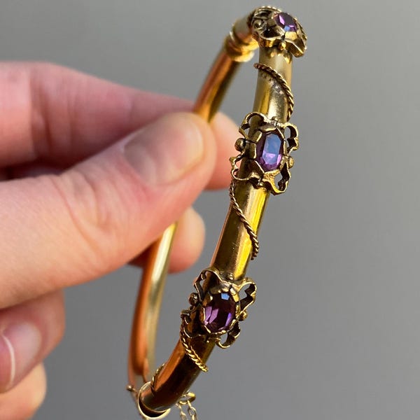Vintage Amethyst Hinged Hollow Tube Bangle w/ Twisted Rope Accents in 14k Gold, Bracelet, Gem, Victorian, Bypass, 1900s, Etruscan, Edwardian