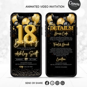 18th Birthday Party Invitation, Animated Black Gold Eighteenth Birthday Invite, 18 Birthday Invitation, Digital Video 18th Birthday Evite
