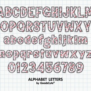May include: A pink and white alphabet font with a heart pattern. The letters are outlined in black and have a slightly distressed look. The font includes uppercase and lowercase letters and numbers 0-9. The text "ALPHABET LETTERS by GoodsCute&reg;" is at the bottom of the image.