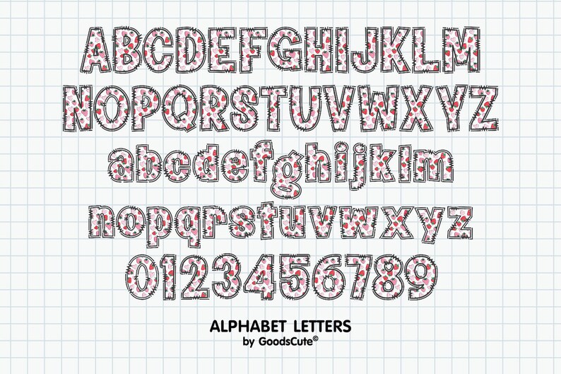 May include: A pink and white alphabet font with a heart pattern. The letters are outlined in black and have a slightly distressed look. The font includes uppercase and lowercase letters and numbers 0-9. The text "ALPHABET LETTERS by GoodsCute&reg;" is at the bottom of the image.