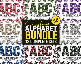 Camouflage Texture Alphabet Sublimation Clipart PNG, Number & A-Z Upper Case Font Letters Complete Set Bundle