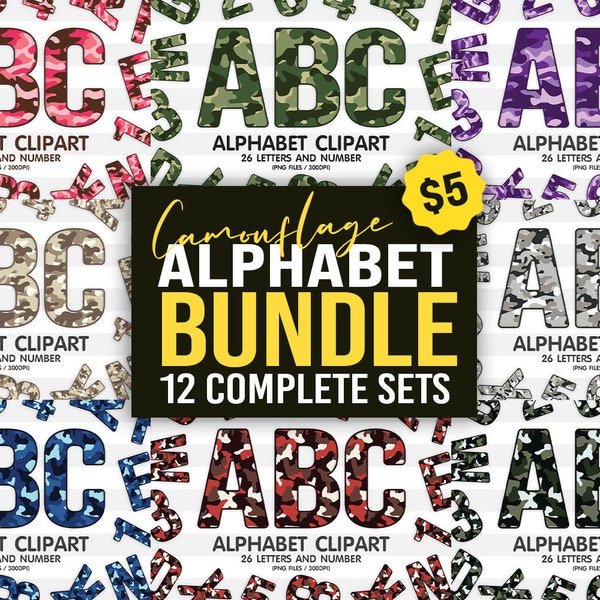 Camouflage Texture Alphabet Sublimation Clipart PNG, Number & A-Z Upper Case Font Letters Complete Set Bundle