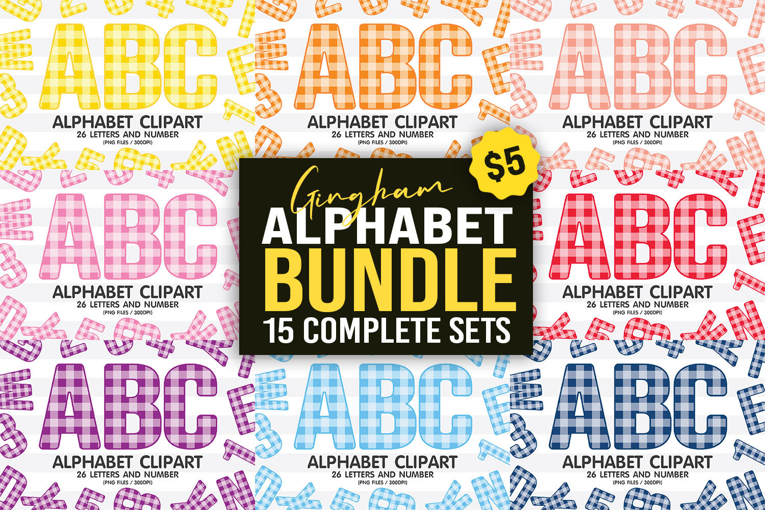 Gingham Pattern Alphabet Sublimation Clipart PNG, Number & A-Z Upper Case Font Letters Complete Set Bundle
