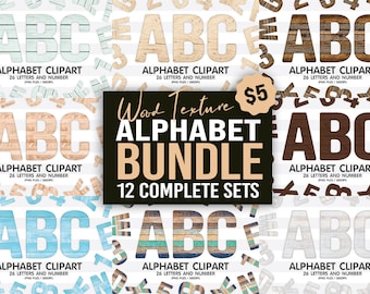 May include: A bundle of 12 wood texture alphabet clipart sets. Each set includes 26 letters and numbers in a different wood grain pattern. The sets are available for $5.