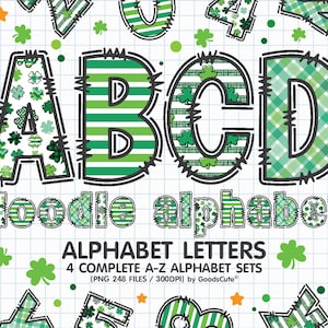 St. Patrick&#39;s Day Doodle Alphabet Letters Sublimation Clipart PNG, Number & A-Z Uppercase and Lowercase Font Letters Complete Set Bundle