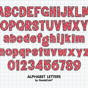 May include: A red and black alphabet font with a bandana pattern. The letters are uppercase and lowercase, and there are numbers 0-9. The text below the alphabet says "ALPHABET LETTERS by GoodsCute".