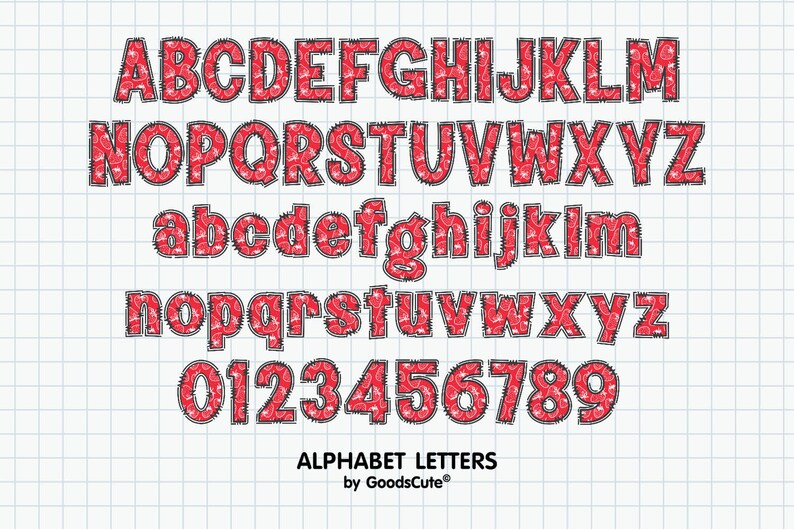 May include: A red and black alphabet font with a bandana pattern. The letters are uppercase and lowercase, and there are numbers 0-9. The text below the alphabet says "ALPHABET LETTERS by GoodsCute".