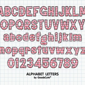 May include: Red and white striped alphabet letters and numbers with a black outline. The letters are uppercase and lowercase. The numbers are 0 through 9. The text "ALPHABET LETTERS by GoodsCute&reg;" is at the bottom of the image.