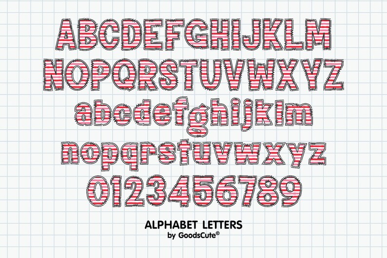 May include: Red and white striped alphabet letters and numbers with a black outline. The letters are uppercase and lowercase. The numbers are 0 through 9. The text "ALPHABET LETTERS by GoodsCute&reg;" is at the bottom of the image.