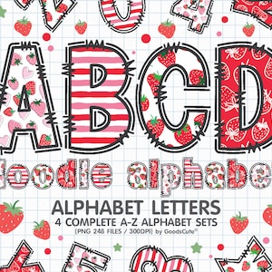 May include: A set of alphabet letters in a doodle style with a strawberry pattern. The letters are A, B, C, and D. The letters are outlined in black and have a white background with red strawberries. The letters are on a white background with a grid pattern.