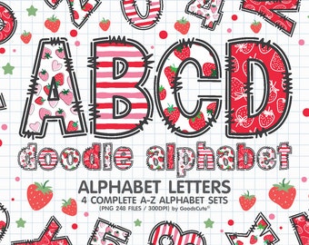 Strawberry Doodle Alphabet Letters Sublimation Clipart PNG, Number & A-Z Uppercase and Lowercase Font Letters Complete Set Bundle