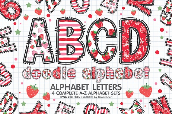 Strawberry Doodle Alphabet Letters Sublimation Clipart PNG, Number & A-Z Uppercase and Lowercase Font Letters Complete Set Bundle