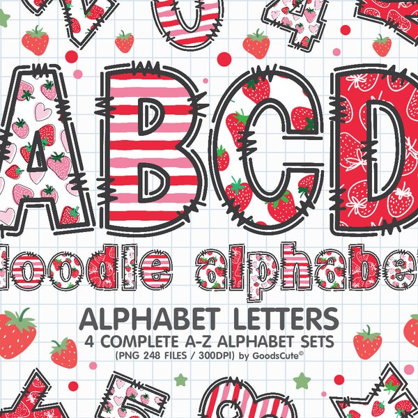 Strawberry Doodle Alphabet Letters Sublimation Clipart PNG, Number & A-Z Uppercase and Lowercase Font Letters Complete Set Bundle