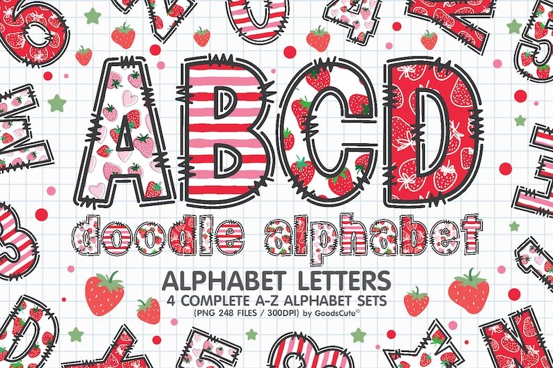 May include: A set of alphabet letters in a doodle style with a strawberry pattern. The letters are A, B, C, and D. The letters are outlined in black and have a white background with red strawberries. The letters are on a white background with a grid pattern.