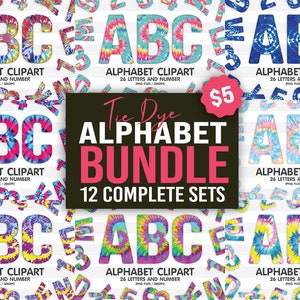 Tie Dye Pattern Alphabet Sublimation Clipart PNG, Number & A-Z Upper Case Font Letters Complete Set Bundle