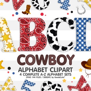 Cowboy Alphabet Sublimation Clipart PNG, Zahl & A-Z Großbuchstaben Buchstaben Komplettset Bundle