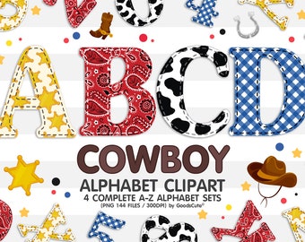 Cowboy Alphabet Sublimation Clipart PNG, Number & A-Z Upper Case Font Letters Complete Set Bundle