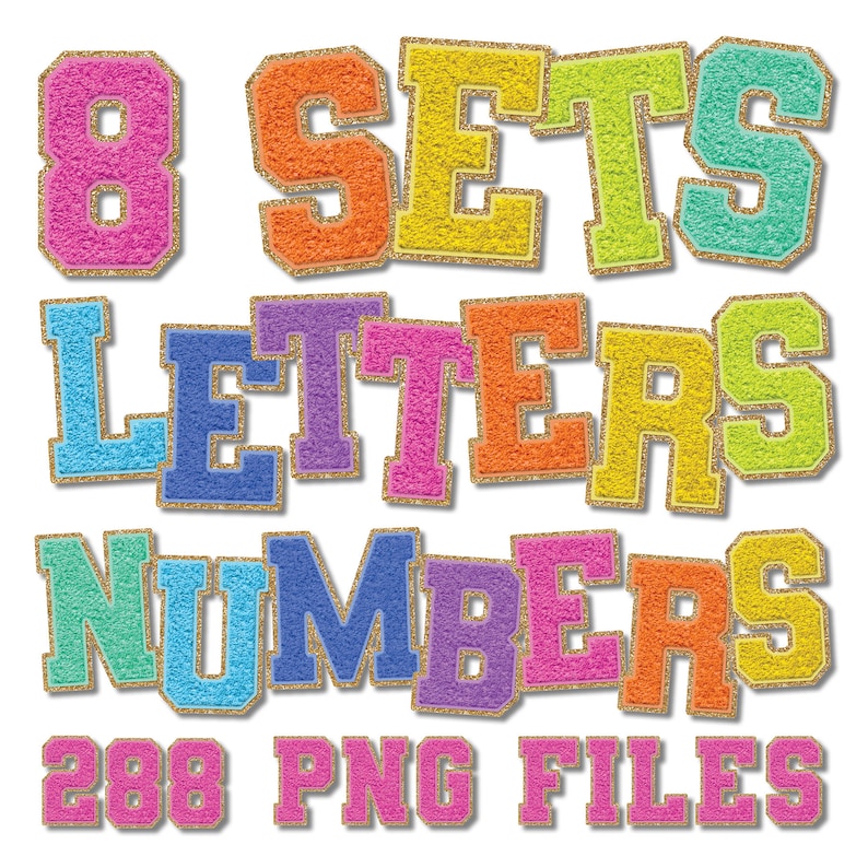 Faux Chenille Letters PNG, Brights Colors Faux Chenille Font, Faux Chenille Varsity Letters, Faux Chenille Patch Alphabet Letters PNG