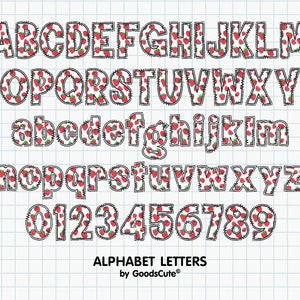 May include: A strawberry patterned alphabet font with uppercase and lowercase letters and numbers. The font is outlined in black and the background is white with a grid pattern. The text "ALPHABET LETTERS by GoodsCute" is at the bottom of the image.