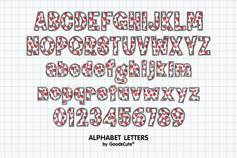 May include: A strawberry patterned alphabet font with uppercase and lowercase letters and numbers. The font is outlined in black and the background is white with a grid pattern. The text "ALPHABET LETTERS by GoodsCute" is at the bottom of the image.