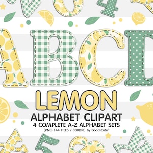Lemon Doodle Alphabet Sublimation Clipart PNG, Number & A-Z Upper Case Font Letters Complete Set Bundle