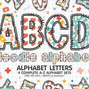 Medical Doodle Alphabet Letters Sublimation Clipart PNG, Number & A-Z Uppercase and Lowercase Font Letters Complete Set Bundle