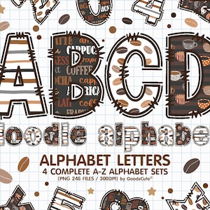 Coffee Alphabet Sublimation Clipart PNG, Number & A-Z Uppercase and Lowercase Font Letters Complete Set Bundle
