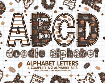 Coffee Alphabet Sublimation Clipart PNG, Number & A-Z Uppercase and Lowercase Font Letters Complete Set Bundle