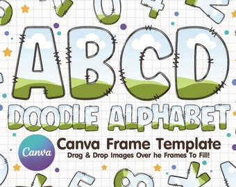 Canva Doodle Letter Alphabet Frame Template Design, Drag And Drop Letters And Numbers, Canva Frame Template Editable Download