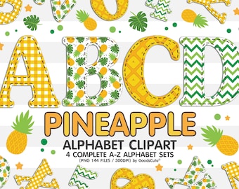 Pineapple Doodle Alphabet Sublimation Clipart PNG, Number & A-Z Upper Case Font Letters Complete Set Bundle