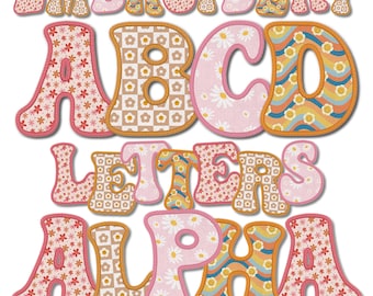 Faux Embroidery Letters PNG, Faux Embroidery Alphabet PNG, Groovy Font Bundle Pink Retro Daisy Faux Embroidery Font, Embroidery Letter PNG