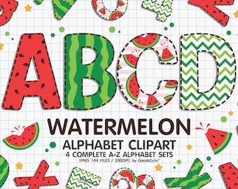 Watermelon Summer Doodle Alphabet Sublimation Clipart PNG, Number & A-Z Upper Case Font Letters Complete Set Bundle