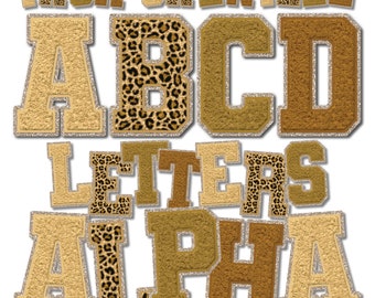 Sztuczne litery Chenille PNG, czcionka Boho Leopard Faux Chenille, sztuczne litery Chenille Varsity, sztuczne litery alfabetu Chenille Patch PNG