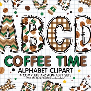 Coffee Doodle Alphabet Sublimation Clipart PNG, Number & A-Z Upper Case Font Letters Complete Set Bundle
