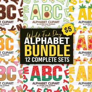 Voedsel alfabet sublimatie clipart PNG, nummer en A-Z hoofdletters lettertype letters complete set bundel