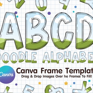 Diseño de plantilla de marco de alfabeto de letras Doodle de Canva, arrastrar y soltar letras y números, descarga editable de plantilla de marco de Canva