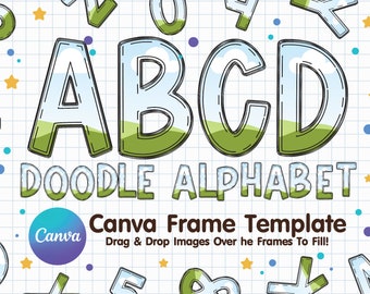 Canva Doodle Letter Alphabet Frame Template Design, Drag And Drop Letters And Numbers, Canva Frame Template Editable Download