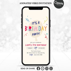 Puede incluir: Una invitación animada en video colorida para una fiesta de cumpleaños de 7 años. La invitación presenta un globo de dibujos animados con el texto "It's a Birthday Party" y una pantalla de teléfono con los detalles de la fiesta. El texto en la pantalla del teléfono dice "Liam's 7th Birthday, Sunday, September 29th at 5:00 PM, The Scotts House, 88 Yellow Brick St. Emerald City, RSVP: (012) 345 6789".