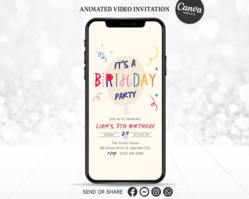 Editable Colored Confetti Birthday Invitation Template, Kids Birthday Party Invite Animated, Colourful Confetti For Kids Birthday eCard