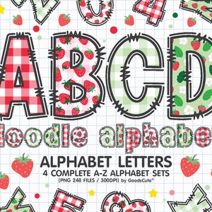 Fragola Doodle alfabeto lettere sublimazione Clipart PNG, numero e A-Z lettere maiuscole e minuscole set completo di caratteri