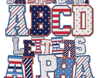 May include: Embroidered letters in red, white and blue fabric with a variety of patterns, including stripes, stars and polka dots. The letters spell out "EMBROIDERY ABC LETTERS ALPHA".