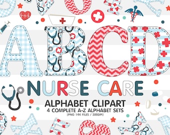 May include: A set of colorful alphabet letters with a nurse theme. The letters are decorated with red crosses, stethoscopes, and gingham patterns. The letters spell out "ABCD" and the text "NURSE CARE" is below the letters. The text "ALPHABET CLIPART 4 COMPLETE A-Z ALPHABET SETS (PNG 144 FILES / 300DPI)" is below the text "NURSE CARE".