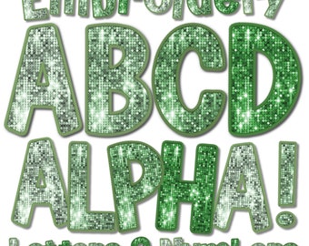 Faux Embroidery Alphabet PNG, Faux Embroidery Letters, Light Green Sequin Faux Embroidery PNG, Faux Embroidery Glitter Letters PNG