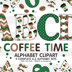 Coffee Time Alphabet Sublimation Clipart PNG, Number & A-Z Upper Case Font Letters Complete Set Bundle