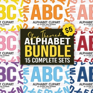 Star Themed Pattern Alphabet Sublimation Clipart PNG, Number & A-Z Upper Case Font Letters Complete Set Bundle