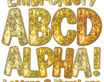 Gold Sequin Faux Embroidery Alphabet PNG (Digital Download)