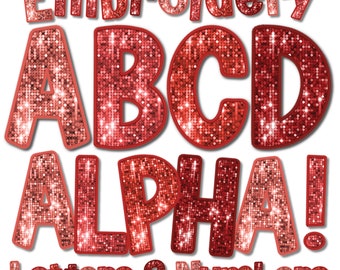 Faux Embroidery Alphabet PNG, Faux Embroidery Letters, Red Sequin Faux Embroidery PNG, Faux Embroidery Glitter Letters PNG